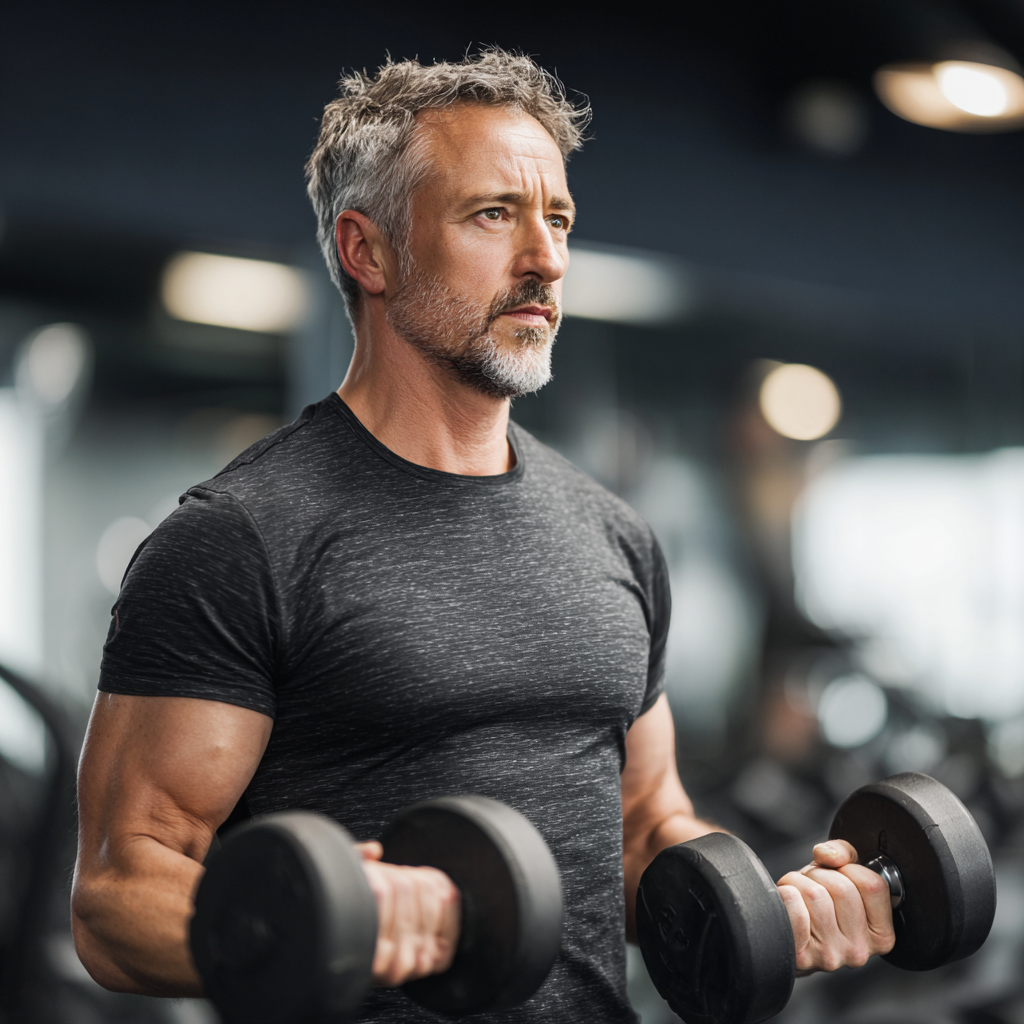 Active man in his early 50s performing strength training exercises with dumbbells in a well-equipped fitness center, demonstrating proper form and focused concentration